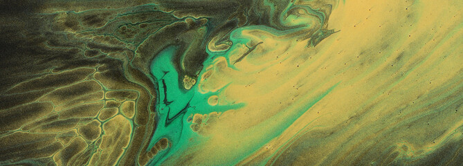 art photography of abstract marbleized effect background. Gold and balck, green creative colors. Beautiful paint.