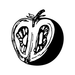 Hand drawn vector tomato on summer grill, BBQ party. Vector illustration for culinary book, restaurant menu, cafe, food design, shop windows. Isolated on white