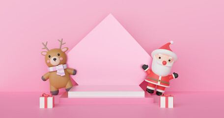 Obraz na płótnie Canvas Merry Christmas , Christmas celebrations with Santa clause and reindeer with podium for a product . 3d rendering .