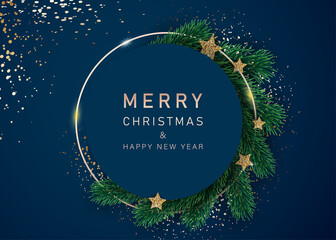 New Year banner with decorated stars and fir branches. With frames of snow on a blue background. Festive header design for your website