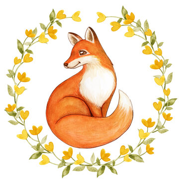 Elegant watercolor fox in a yellow flowers wreath