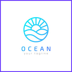 Ocean waves with sun in a circle. Cool and creative graphic design.