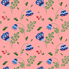Seamless pattern of flowers in folk style on a pink background. Blue flowers and red berries with leaves. Rustic style.