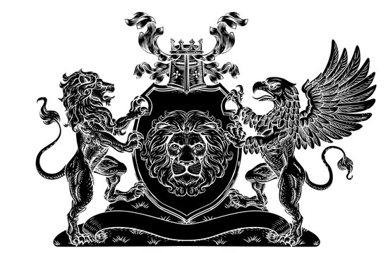 A crest coat of arms family shield seal featuring griffin and lions