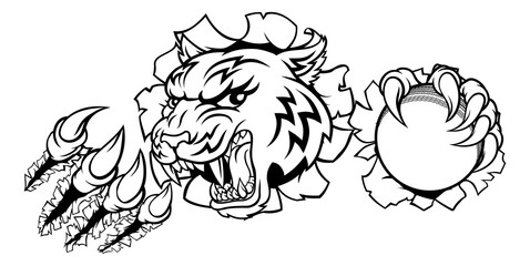 A tiger cricket player cartoon animal sports mascot holding a ball in its claw