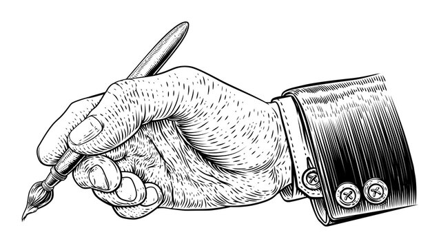 A hand in business suit holding an artists paintbrush or paint brush in a vintage engraved or etched woodcut print style