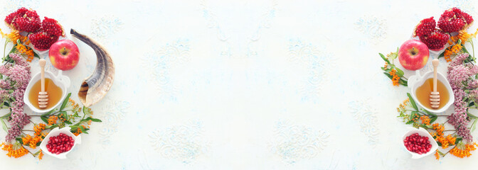 religion image of Rosh hashanah (jewish New Year holiday) concept. Traditional symbols