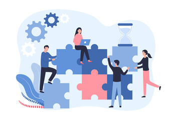 Concept work in a team of young professionals, developers, marketers. Men and women assemble puzzles while working together. Programmers, support service. Flat vector illustration on white background - obrazy, fototapety, plakaty