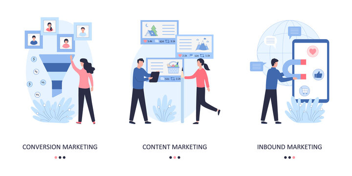 Conversion content inbound marketing. 3 concepts of company promotion, advertising of goods and services, sales funnel, advertising posts in social networks, attracting new customers. Flat vector
