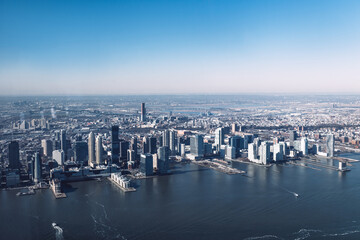 Amazing panorama view on New Jersey City skyline from the top observation platform, New York City, USA