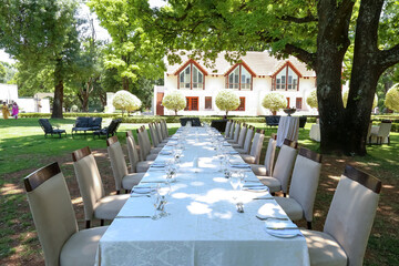 outside garden setting with tables and chairs and setting for lunch under big oak tree white 