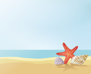 Starfish and seashells on the sand near the ocean. Summer on the beach. Seashore wallpaper illustration with mollusk and shells. - Vector