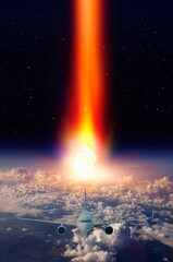 Attack of the asteroid (meteor) on the Earth with airplane in the sky "Elements of this image furnished by NASA © muratart