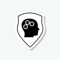 Human head with gear inside sticker icon isolated on gray background