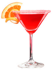 Cosmopolitan cocktail isolated on white background. Martini glass, slice of orange.