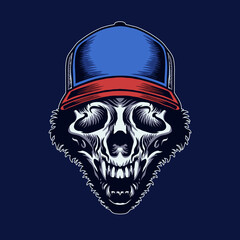 Vector illustration of Awesome Animal Skull Head with a Smile, Blue Hat, Horn, and Fur on the Blue Background. Hand-drawn illustration for mascot sport logo poster t-shirt printing. Vector Logo