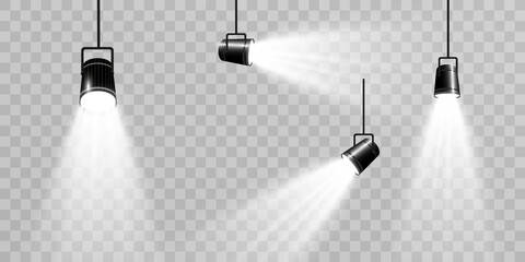 Empty stage with spotlights. Lighting devices on a transparent background.