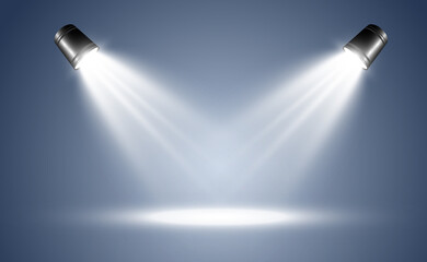 Empty stage with spotlights. Lighting devices on a transparent background.