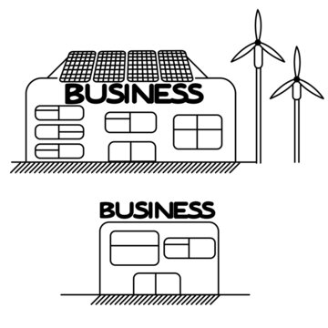 Linear illustration of eco business with solar panels. Vector factory with big and small businesses. Enterprise growth and development. Stock illustration for website design, banners, advertising.