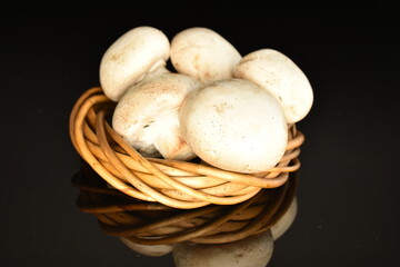 Fresh mushrooms with a vine wreath, close-up, on a black background.
