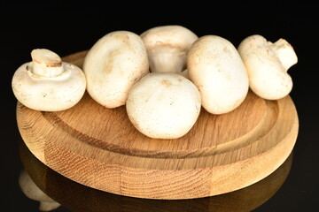 Fresh mushrooms on a wooden board, close-up, on a black background.