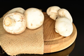 Fresh mushrooms on a wooden board, close-up, on a black background.