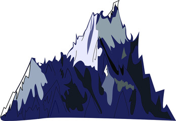 Purple craggy mountain with snowy peaks isolated