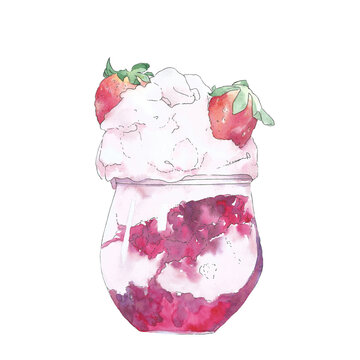 Ice cream. Watercolor illustration with the taste of summer. Ice cream with strawberries and berry jam.