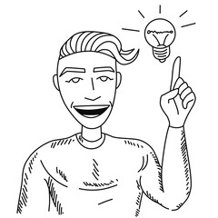 Cheerful inventor. Excited guy with a raised finger. A man with an idea on a white background. Vector character in linear sketch style. For illustrations of articles and scientific journals.