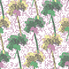 Fototapeta premium Summer birch tree silhouettes. Abstract decorative seamless vector pattern on irregular polka dot background. Great for nursery wallpapers, interior decoration and textile prints. 