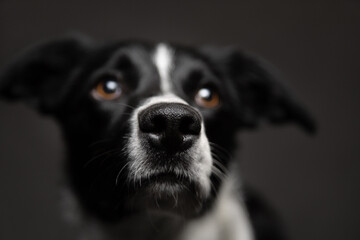 isolated black and white border collie close up head portrait looking up on a dark background in...