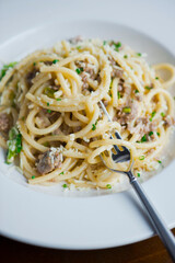 Pasta with meatballs, marinara sauce, Parmesan cheese and fresh Italian parsley. Classic American or Italian restaurant favorite. Homemade pasta with sauces, meats and cheeses.