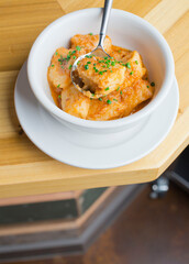 Pasta with meatballs, marinara sauce, Parmesan cheese and fresh Italian parsley. Classic American or Italian restaurant favorite. Homemade pasta with sauces, meats and cheeses.