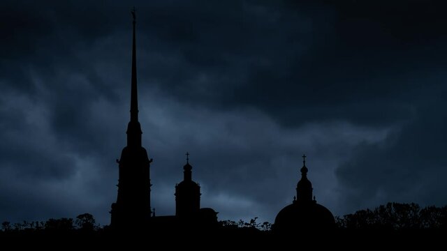 Lightning and Thunderstorm flash over the world's tallest Orthodox Bell Tower of Cathedral in Saint Petersburg