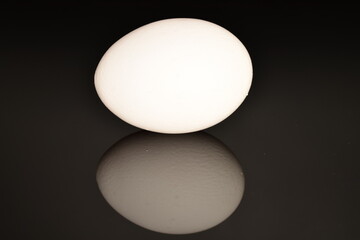 One chicken egg, macro, isolated on a black background.