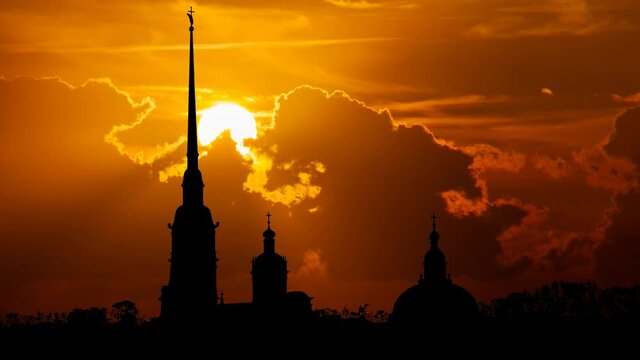 Saint Petersburg at Sunset, Time Lapse with Red Sun and Fiery Clouds, Russia
