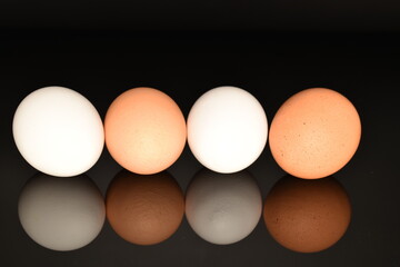 Several chicken eggs, close-up, isolated on a black background.