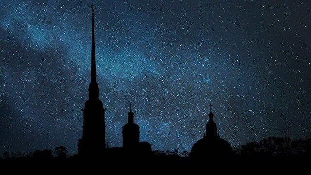 Orthodox Cathedral in Saint Petersburg, Time Lapse by Night with Stars and Milky Way in Background, Russia