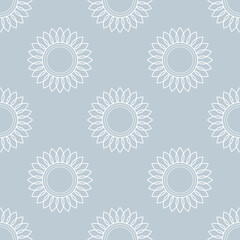 Sunflowers. Vector seamless pattern. Simple style. The white outline of elements on a gray background. For backdrops decoration, banners, textiles, paper, fabrics, prints, and more creatives designs.