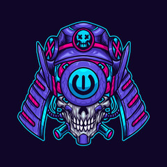 Vector illustration of Japanese Skull Robotic Purple Pink Head with a Samurai, and Horn on the Blue Background. Hand-drawn illustration for mascot esport logo poster t-shirt printing. Vector Logo