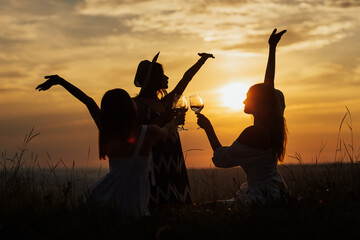 Silhouette of group of girlfriends having fun while eating and drinking at a picnic. Girls enjoying picnic time and food outdoors. They drinks a white wine on summer picnic. Copy space.