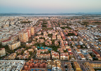 Fototapeta premium Aerial view Torrevieja cityscape at sunset. Costa Blanca. Spain