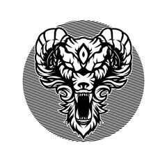 Vector illustration of Angry Wolf with a big mouth open, long horn and sharp teeth fang on the White Background. Hand-drawn illustration for mascot sport logo poster t-shirt printing. Vector Logo