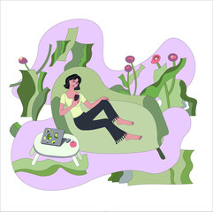 Stay at home concept series. Girl  surfing the internet lying in couch.Freelancer character working from home.
