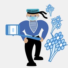 cartoon sailor man with selfie stick capture picture with background in blue flowers 