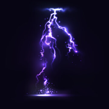 Half transparent lightning bolt on dark background.Vector electric light thunder spark. Blue lightning or magic power blast storm template for your creative design.