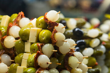 Naklejka premium Tapas for sale in Madrid San Miguel market. Spain.