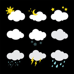 Weather icons set on black background, Flat design, Vector illustration.