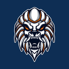 Vector illustration of Awesome Japanese White Orange Lion Head with a Smile, Horn, and Fur on the Blue Background. Hand-drawn illustration for mascot esport logo poster t-shirt printing. Vector Logo