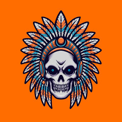 Indian Head Skull with a Smile, horn, bandana and Fur on the Orange Background. Hand-drawn illustration for mascot sport logo poster t-shirt printing. Vector Logo